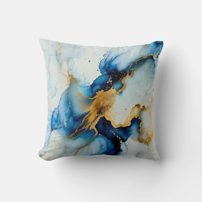 Moderne Blauwe en Gouden Abstracte Alcohol Ink Wor Kussen (Voorkant)