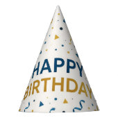 Moderne blauwe en gouden ballonnen Happy Birthday Feesthoedjes (Voorkant)