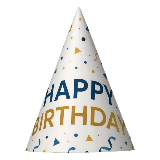 Moderne blauwe en gouden ballonnen Happy Birthday Feesthoedjes (Voorkant)