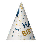 Moderne blauwe en gouden ballonnen Happy Birthday Feesthoedjes (Links)