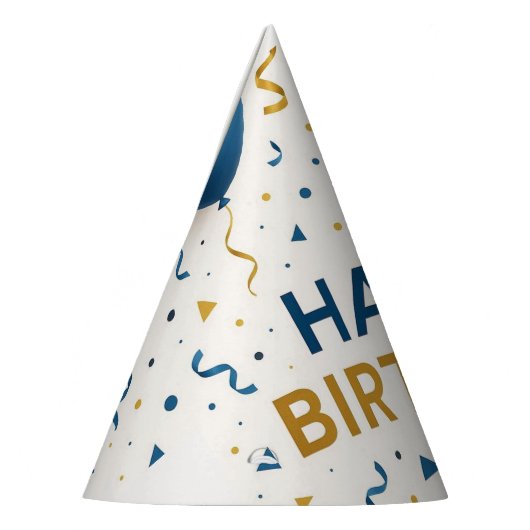 Moderne blauwe en gouden ballonnen Happy Birthday Feesthoedjes (Links)