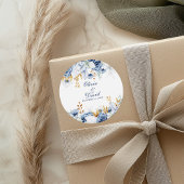 Moderne Blauwe en Gouden Bloemen Huwelijk Ronde Sticker