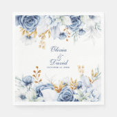 Moderne Blauwe en Gouden Bloemen Huwelijk Servet (Voorkant)