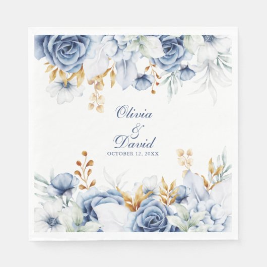 Moderne Blauwe en Gouden Bloemen Huwelijk Servet (Voorkant)