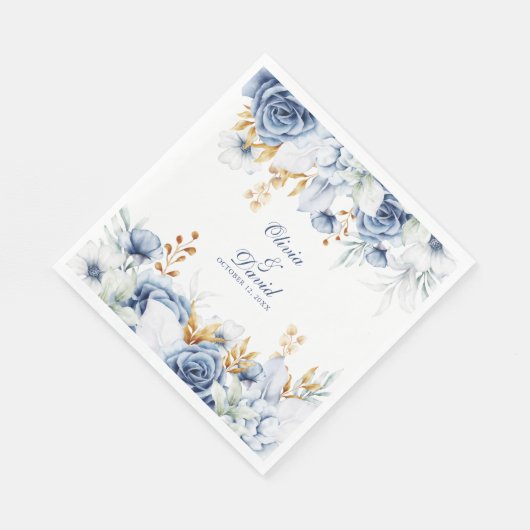 Moderne Blauwe en Gouden Bloemen Huwelijk Servet (Hoek)