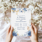 Moderne Blauwe en Gouden Bloemen Huwelijksuitnodig Kaart