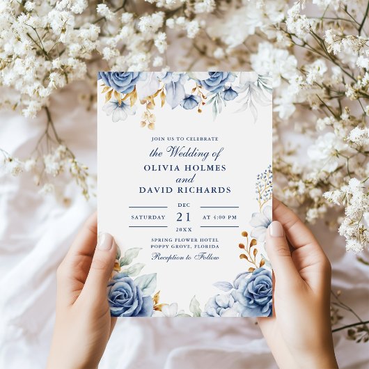 Moderne Blauwe en Gouden Bloemen Huwelijksuitnodig Kaart