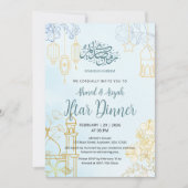 Moderne Blauwe en Gouden Bloemrijke Ramadan Iftar- Kaart (Voorkant)