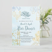 Moderne Blauwe en Gouden Bloemrijke Ramadan Iftar- Kaart (Staand voorkant)