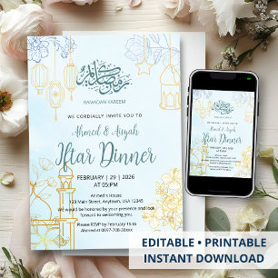 Moderne Blauwe en Gouden Bloemrijke Ramadan Iftar- Kaart