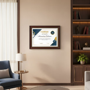 Moderne blauwe en gouden certificaat van waarderin poster