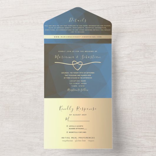 Moderne blauwe en gouden geometrische bruiloft all in one uitnodiging (Binnen)