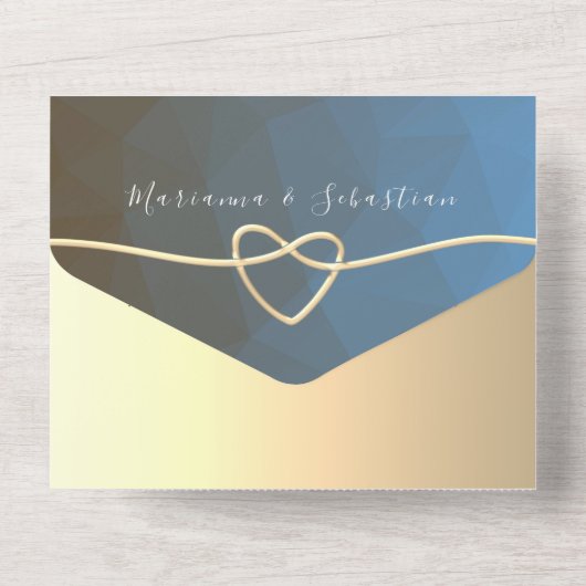 Moderne blauwe en gouden geometrische bruiloft all in one uitnodiging (Achterkant)