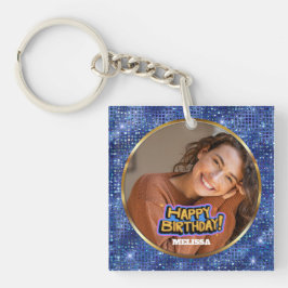Moderne Blauwe en Gouden Glitter Foto Naam Verjaar Sleutelhanger