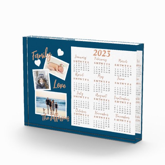 Moderne blauwe en gouden jaarlijkse kalender-fotob fotoblokken (Rechts)