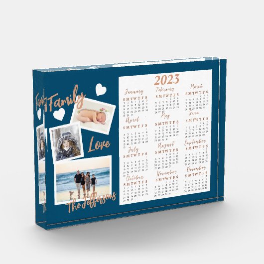 Moderne blauwe en gouden jaarlijkse kalender-fotob fotoblokken (Links)