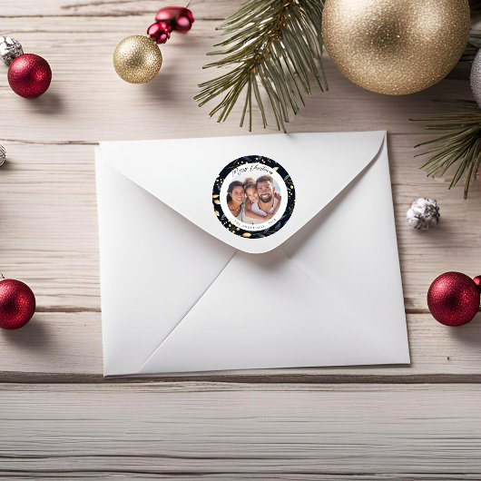 Moderne blauwe en gouden kerstbladeren Foto Ronde Sticker