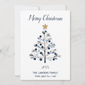 Moderne blauwe en gouden kerstboom feestdagenkaart (Voorkant)