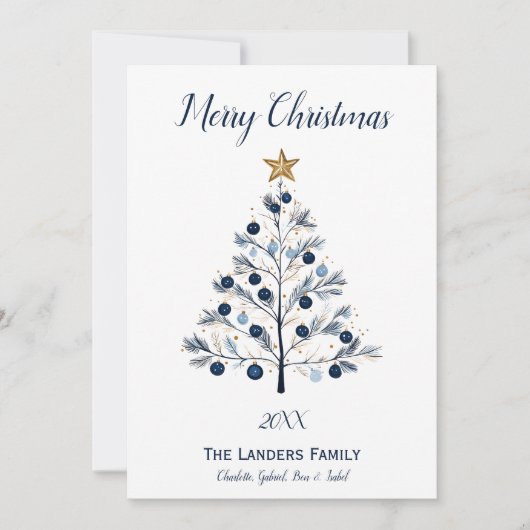 Moderne blauwe en gouden kerstboom feestdagenkaart (Voorkant)