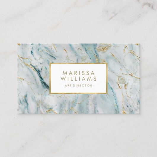 Moderne Blauwe en Gouden Marmeren Textuur Visitekaartje (Voorkant)