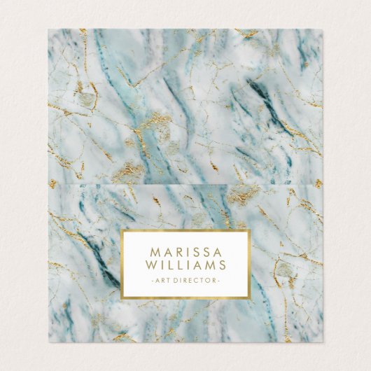 Moderne blauwe en gouden marmertextuur visitekaartje (Buitenkant ongevouwen)