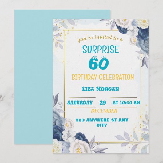 Moderne blauwe en gouden verjaardag kaart (Voorkant / Achterkant)