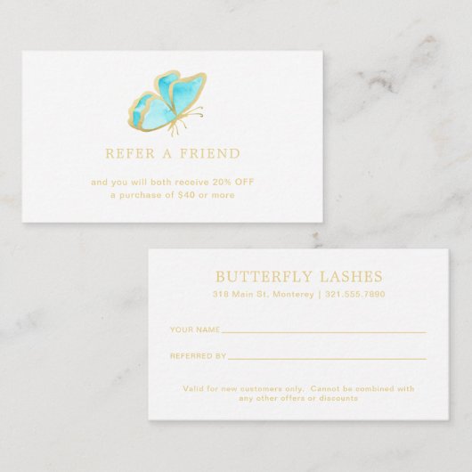 Moderne Blauwe en Gouden Vlinder Elegant Aanbevelingskaartje (Voorkant / Achterkant)