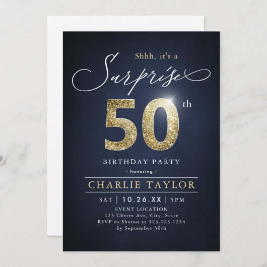 Moderne blauwe en gouden volwassen verrassing 50e  kaart (Voorkant / Achterkant)