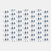 Moderne blauwe en gouden vrolijke kerstbomen inpakpapier vel (Voorkant)