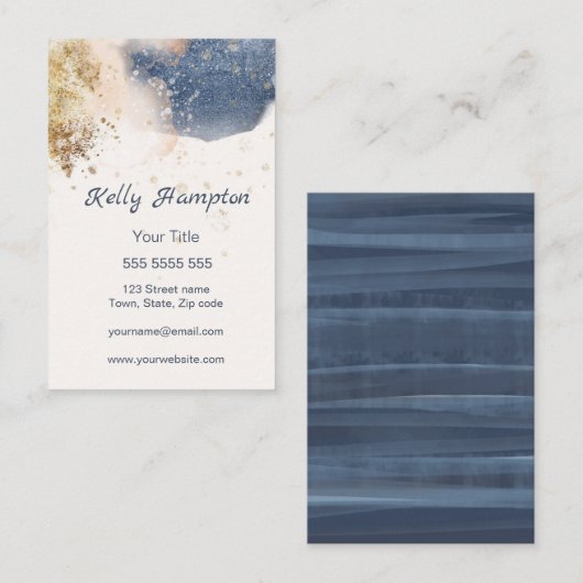 Moderne blauwe en gouden waterverf visitekaartje (Voorkant / Achterkant)