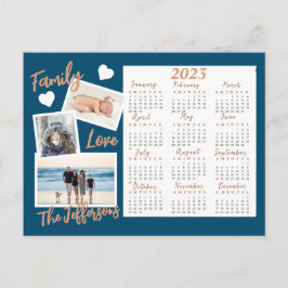 Moderne blauwe en goudjaarlijkse kalender foto briefkaart