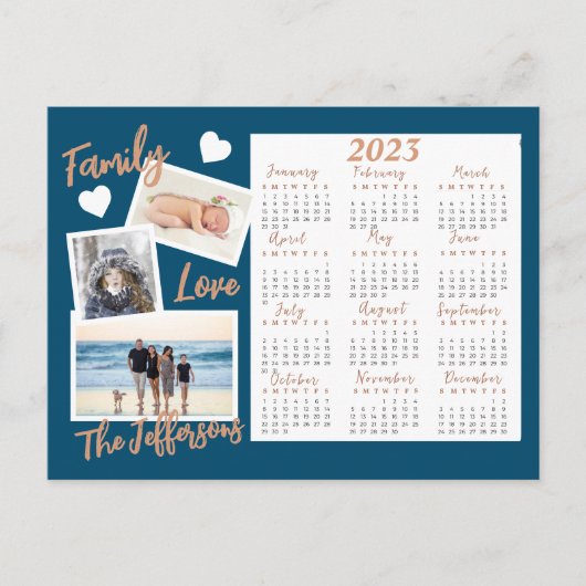 Moderne blauwe en goudjaarlijkse kalender foto briefkaart (Voorkant)