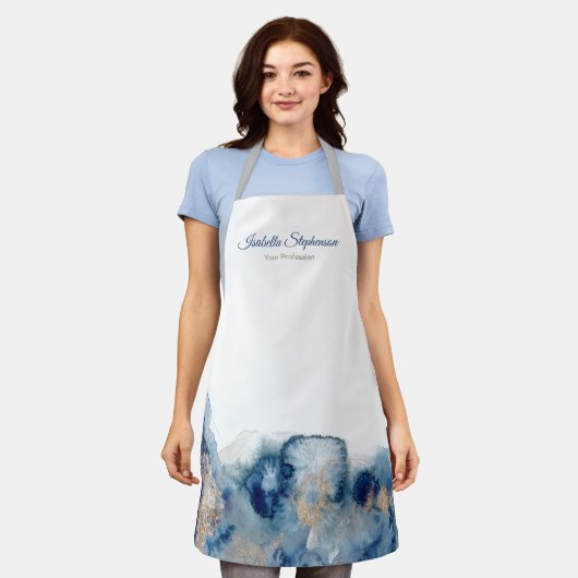 Moderne blauwe en goudvloeibare Waterverf Inkt Schort (Gedragen)