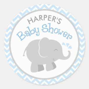 Moderne Blauwe en Grijze Olifant Jongens Baby Show Ronde Sticker