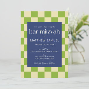 Moderne Blauwe en Groene Schachbrett Bar Mitzvah Kaart