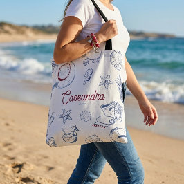 Moderne blauwe en rode strand zomer verjaardagsfav tote bag