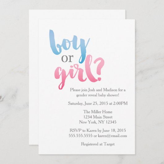 Moderne blauwe en roze Baby shower onthullen Kaart (Voorkant / Achterkant)