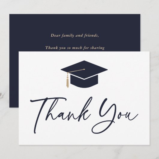 Moderne blauwe en witte afstudeerhoed bedankkaart (Voorkant / Achterkant)
