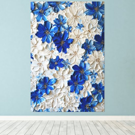 Moderne blauwe en witte bloem abstracte wandkunst canvas afdruk (Insitu (Houten vloer))