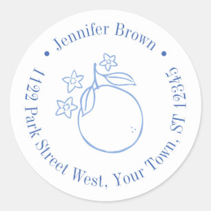 Moderne Blauwe en Witte Citrus Bruiloftsontvangst Ronde Sticker