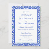 Moderne Blauwe En Witte Damast Huwelijk Kaart (Voorkant)