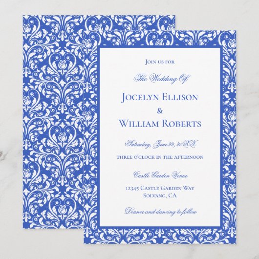 Moderne Blauwe En Witte Damast Huwelijk Kaart (Voorkant / Achterkant)