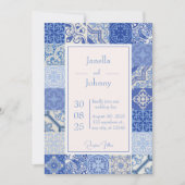 Moderne blauwe en witte mediterrane Tegels bruilof Kaart (Voorkant)