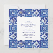Moderne blauwe en witte mediterrane Tegels bruilof Kaart (Voorkant)