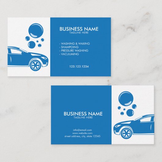 Moderne, blauwe en witte mobiele wasmachine & deta visitekaartje (Voorkant / Achterkant)