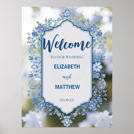 Moderne blauwe en witte overlay bloemen bruiloft poster (Voorkant)