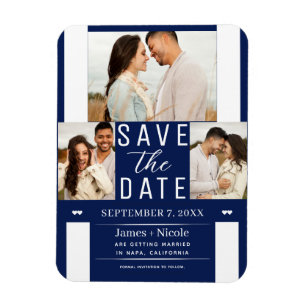 Moderne Blauwe en Witte Save the Date 3 Foto Huwel Magneet