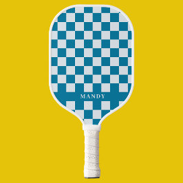 Moderne blauwe en witte schaakbordpatroon aangepas pickleball paddle