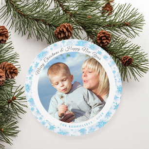 Moderne Blauwe en Witte Sneeuwvlokken Kerstfoto Feestdagenkaart