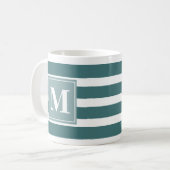 Moderne Blauwe en Witte Streep met Monogram Koffiemok (Voorkant links)